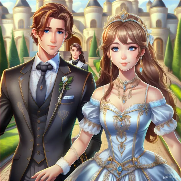 a man and a woman dressed up in formal wear walking in garden