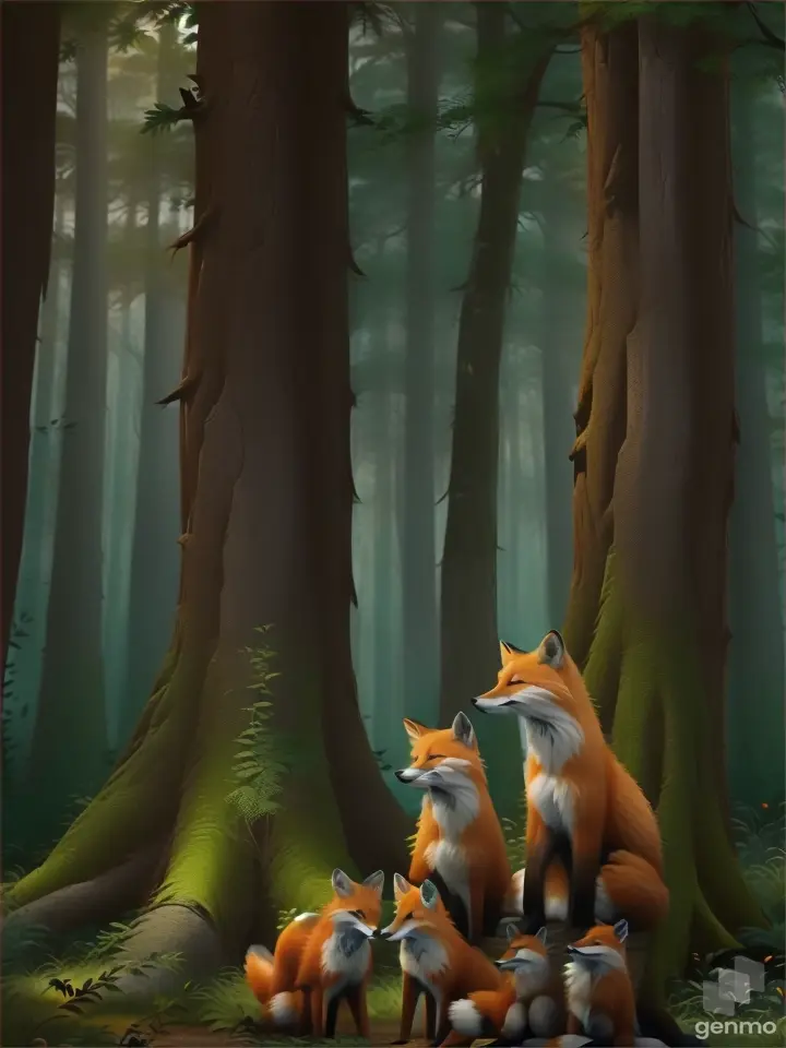 a couple of foxes sitting next to each other in a forest