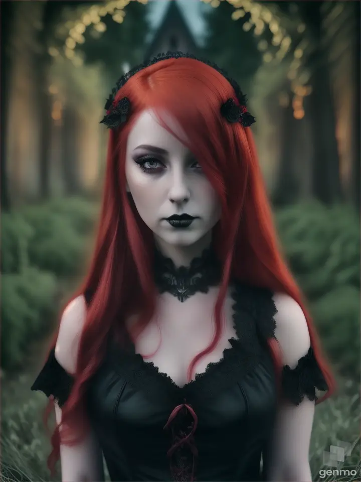 a gothic girl with red hair stands in a night garden and a demon whispers in her ear [realistic]