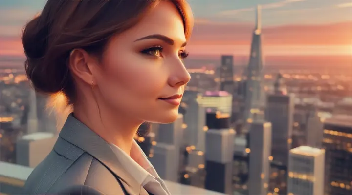 Businesswoman stands before backdrop of towering city buildings, bathed in soft glow of sunset, line drawing