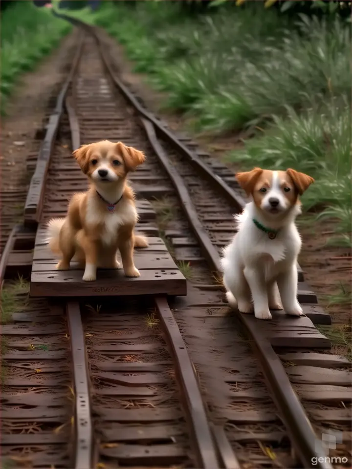 two small dogs sitting on a train track