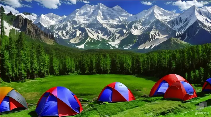 a group of tents sitting on top of a lush green field