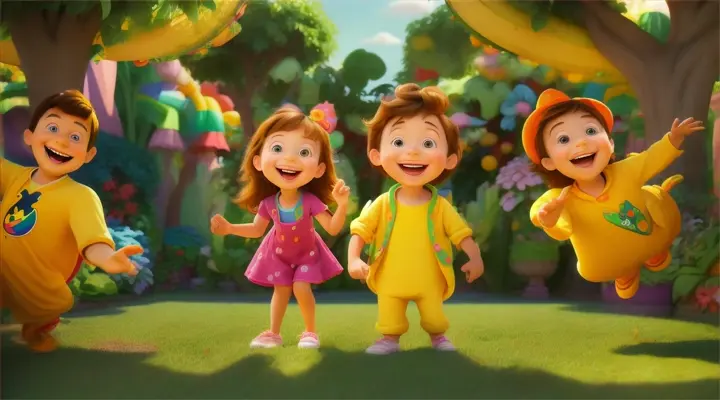 cartoon Kids happy smiling in banana Garden. Pixar 3d