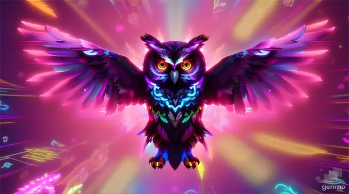 A stunning artistic rendition of a neon owl pet from the game 'Adopt Me' in Roblox. The neon owl possesses a captivating blend of vivid colors, evoking a sense of enchantment. Its feathers are adorned with intricate patterns, reminiscent of tribal art. The owl is depicted in flight, soaring through a surrealistic landscape. The background features a dreamlike environment with floating islands, glowing plants, and a starry sky. The art style should be a fusion of surrealism and abstract expressionism, inspired by the works of Salvador Dali and Yayoi Kusama. The image should be a digital illustration, using bold brush strokes and vibrant colors to bring out the owl's ethereal beauty. The camera shot should be a panoramic view, capturing the expansive landscape and the owl's graceful flight. The lighting should be otherworldly, with a mix of soft ambient light and neon hues. The resolution can be 4K, allowing for a balance between detail and performance.l