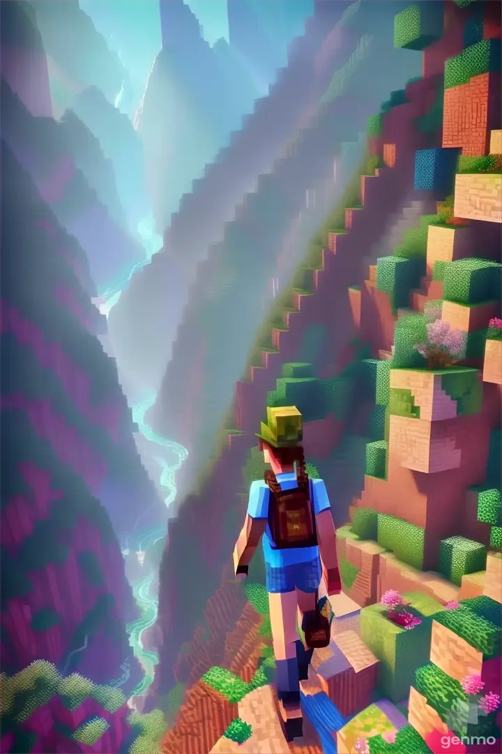 a person walking down a path in a minecraft village