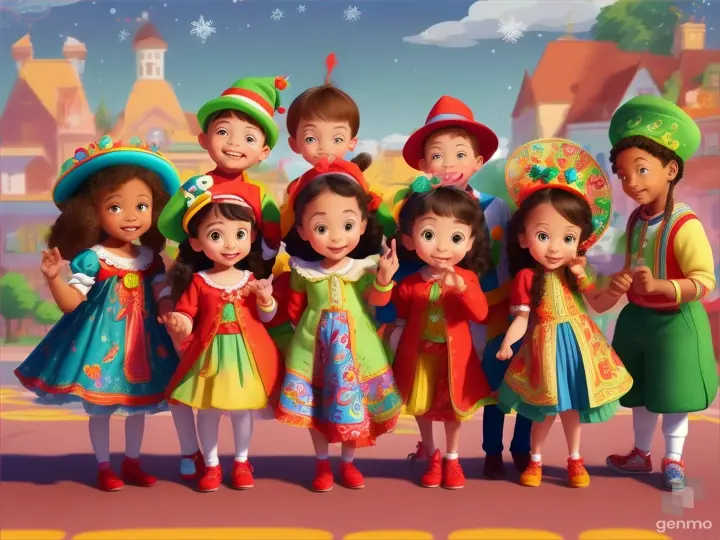 Introduce animated characters, children of different ages and ethnicities, dressed in festive clothing cartoon and kids 