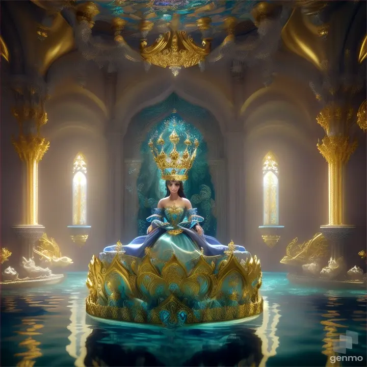 Create a 3d illustration of a prince wearing a crown. In the castle under the sea Surrounded by angels and aquatic animals