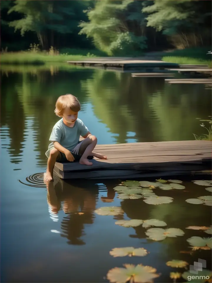 a little boy sitting on a dock in the water