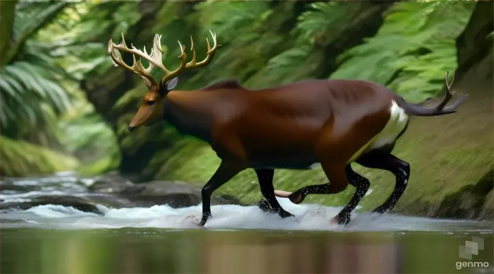 A dynamic image capturing the saola in motion, gracefully navigating through the forest or crossing a stream, showcasing its agility and elegance.