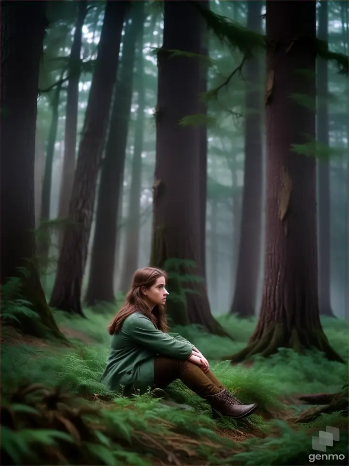 a woman sitting in the middle of a forest