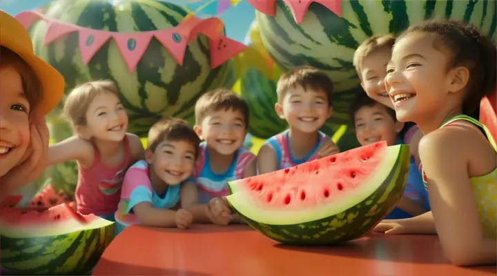 Close up shot of watermelon fruit Infront of kids happy smiling ,Colorful , Cinematic. Pixar 3D 16:9
