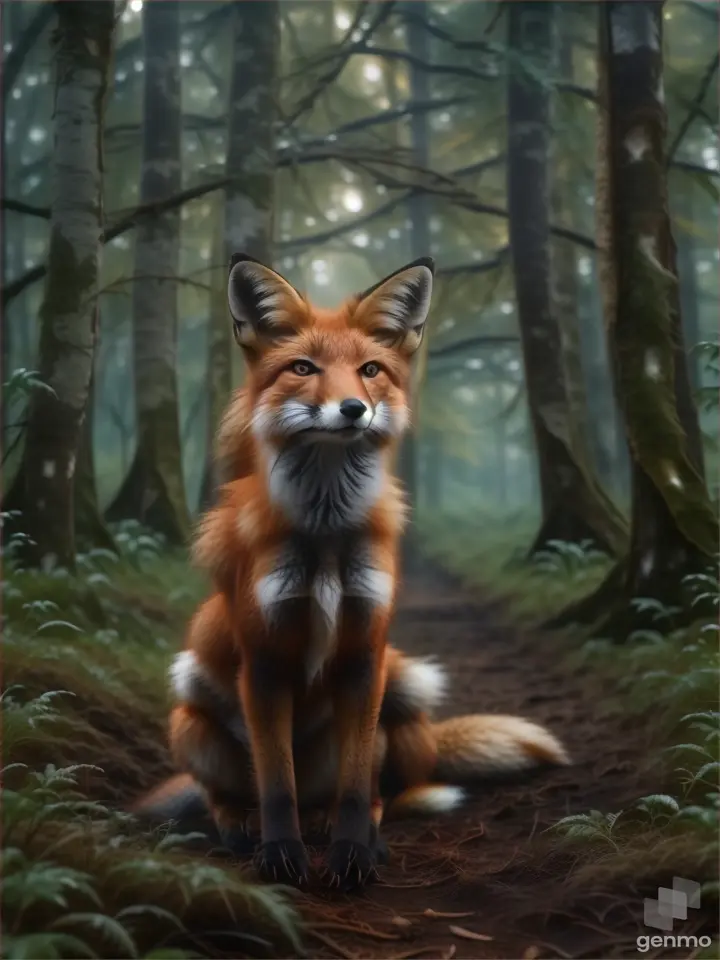 a red fox sitting in the middle of a forest