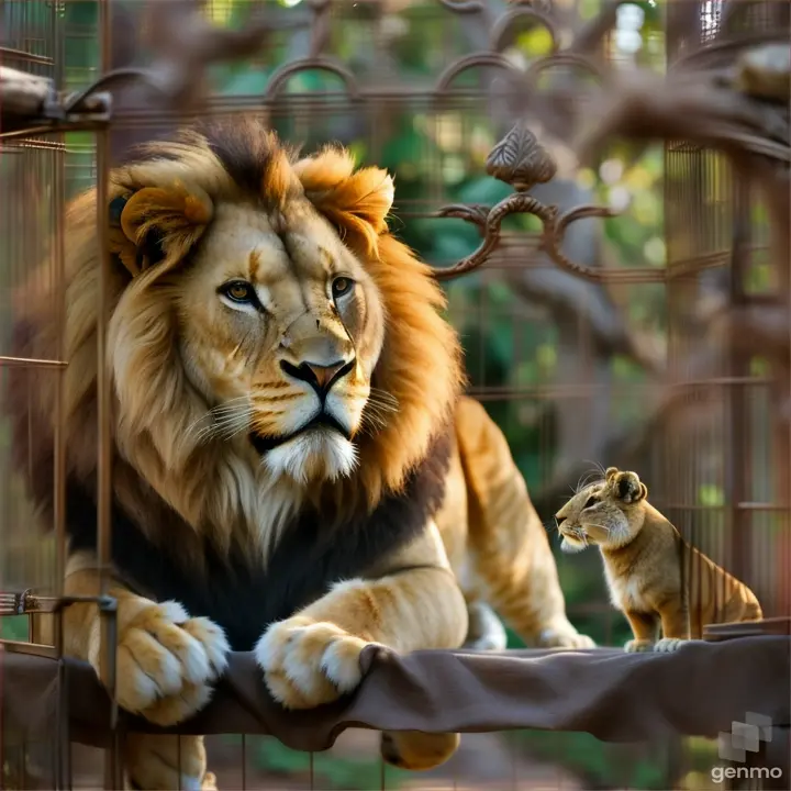  The lion inside cage.pleads with the rabbit and promises to change his behavior. like mowgli the jungle book 