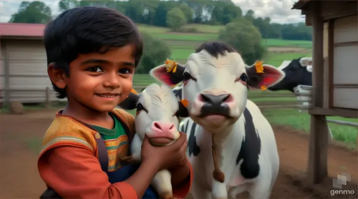 child boy Ramu a small cow 