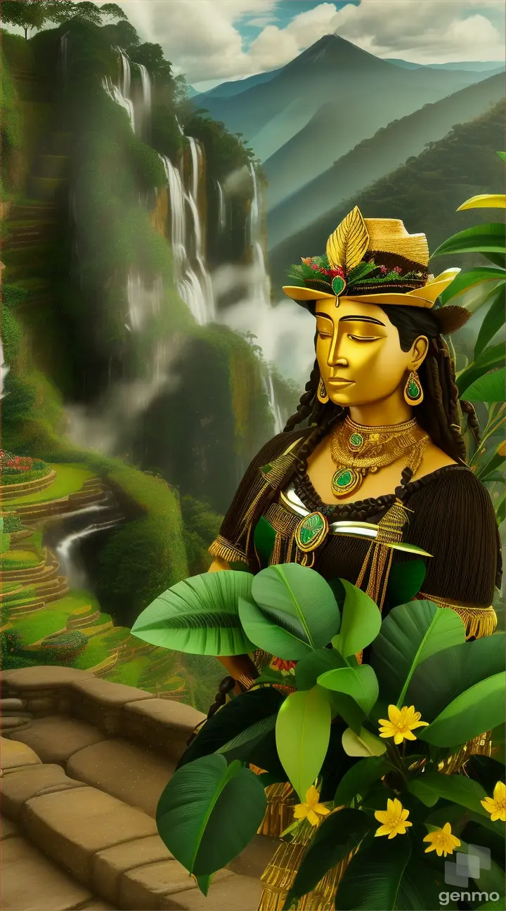 Create a visual artwork representing the cultural and natural richness of Colombia. In the scene, imagine a backdrop of majestic Colombian mountains acting as a backdrop. In the center of the composition, place a statue of a native Colombian woman, her body gradually fading into a fluid blend with various objects and elements representative of the country.

The figure of the native woman should be adorned with intricate gold pre-Columbian jewelry and ornaments, inspired by the Muisca, Tairona, Quimbaya, and Zenú cultures. These gold artifacts should stand out both for their beauty and intricate design.

Around her, incorporate branches of coffee in their natural state, emerging from the ground like wild coffee plants. Among these branches, coffee beans and green leaves can be seen, symbolizing the historical and economic importance of coffee in Colombia.

On the ground, scatter some Colombian emeralds, sparkling and exquisite in their green hue. These precious gems represent the abundance of valuable natural resources found in the country.

The composition should flow harmoniously, with all these elements interwoven with each other organically, as if merging into a single piece of art that celebrates the diversity and richness of Colombia.

Vertical size 9.6