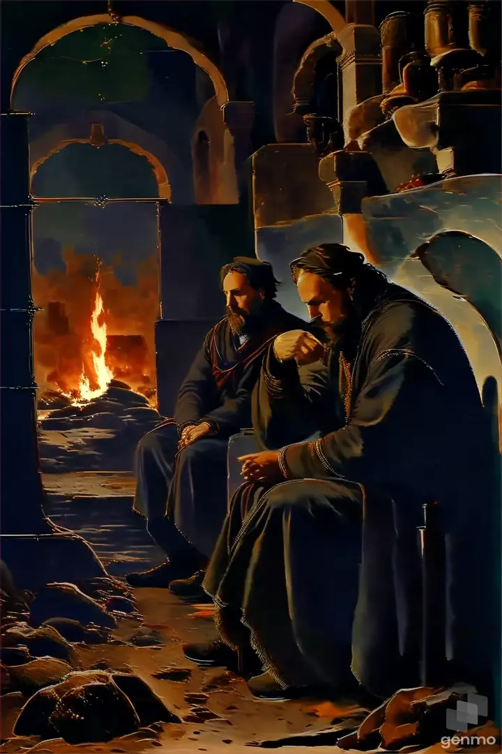 a painting of a man sitting in front of a fire
