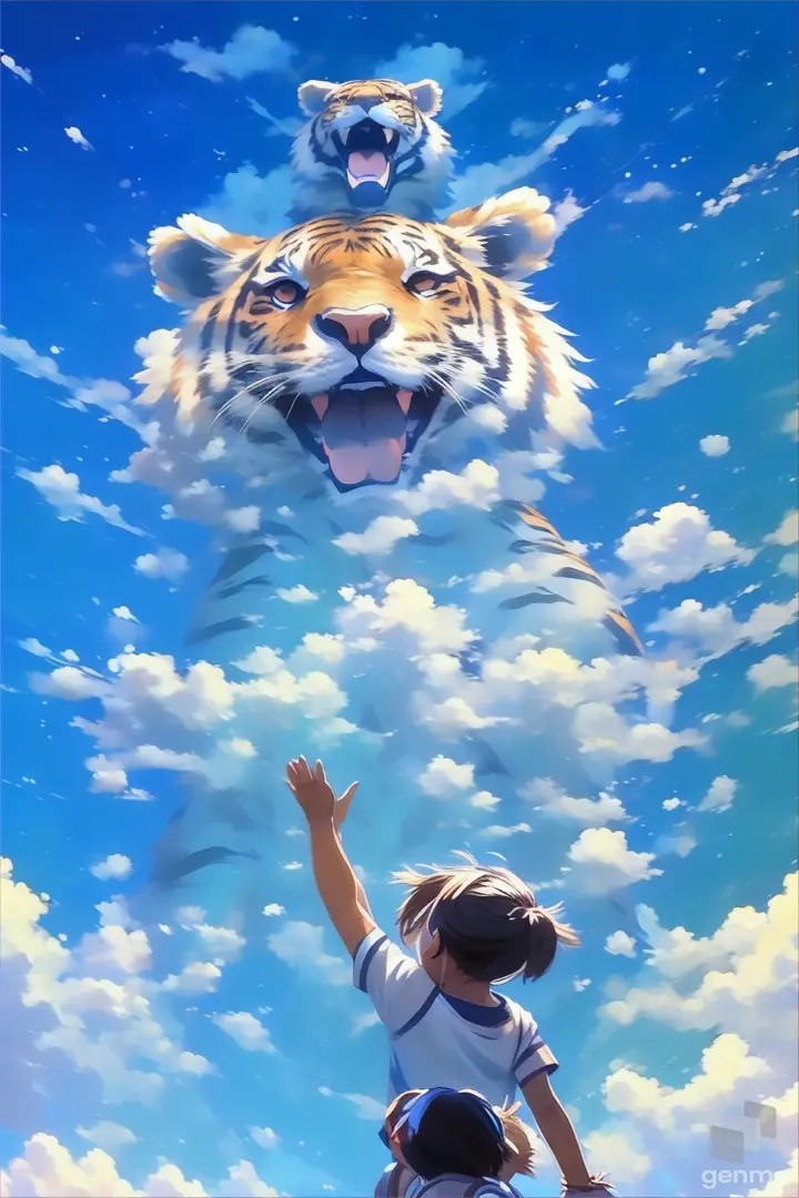 a young girl reaching up to a tiger's head