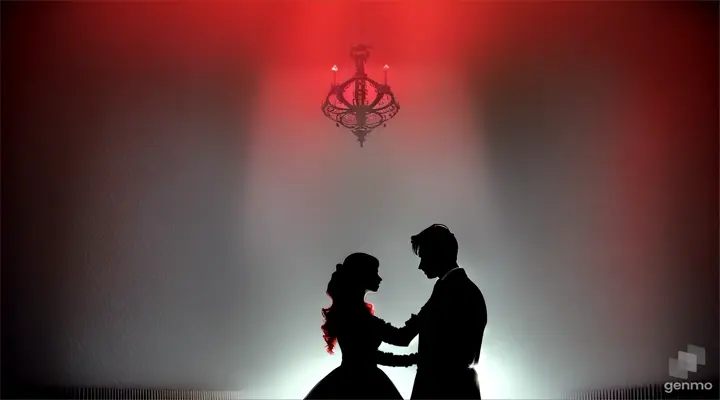 in a gothic hall, a silhouette of a man extends his hand to a woman in a black dress with red hair on her head [realistic]