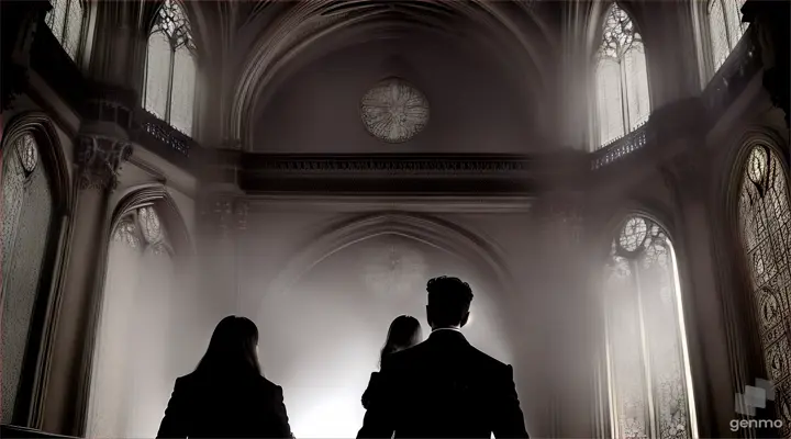 in a Gothic hall, a silhouette of a man leads a woman in a black dress with red hair up the steps by the hand [realistic]