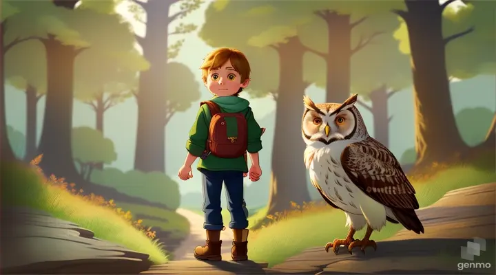 Oliver a short boy, determined and resolute, stands at the edge of a bright and inviting forest filled with friendly animals peeking from behind trees. He holds a colorful map with a big friendly owl perched on his shoulder, both pointing towards the direction of adventure