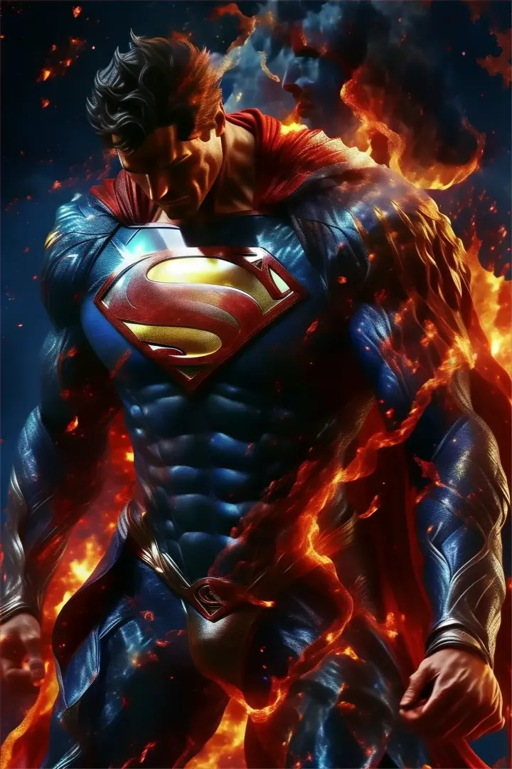 a man in a superman suit standing in front of a fire