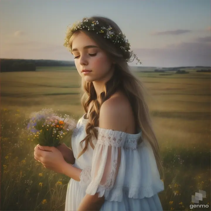 “A beautiful European girl lowers her eyelids and completely closes her eyes. then opens her eyes wide. A wreath of small wildflowers on her head. The girl blinks her eyes.”