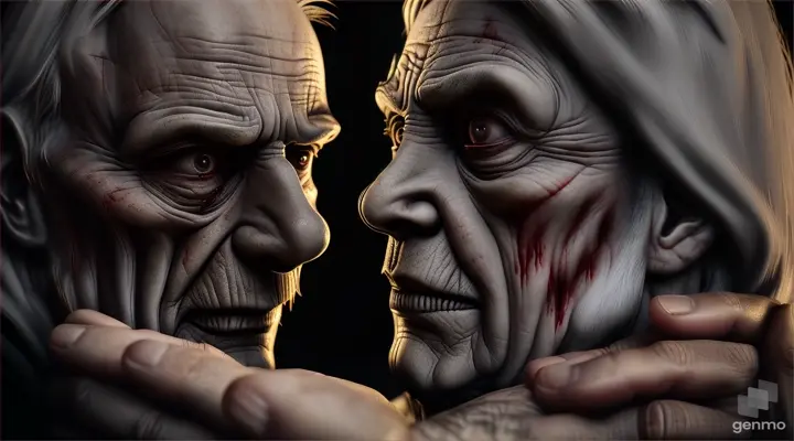 A woman hugs an old man and kisses his head, a terrifying 3D cinematic scene