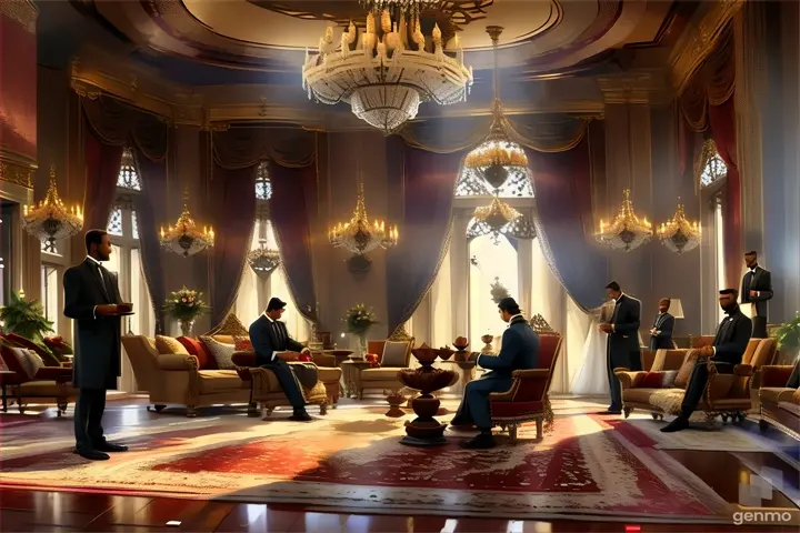 a living room filled with furniture and a chandelier