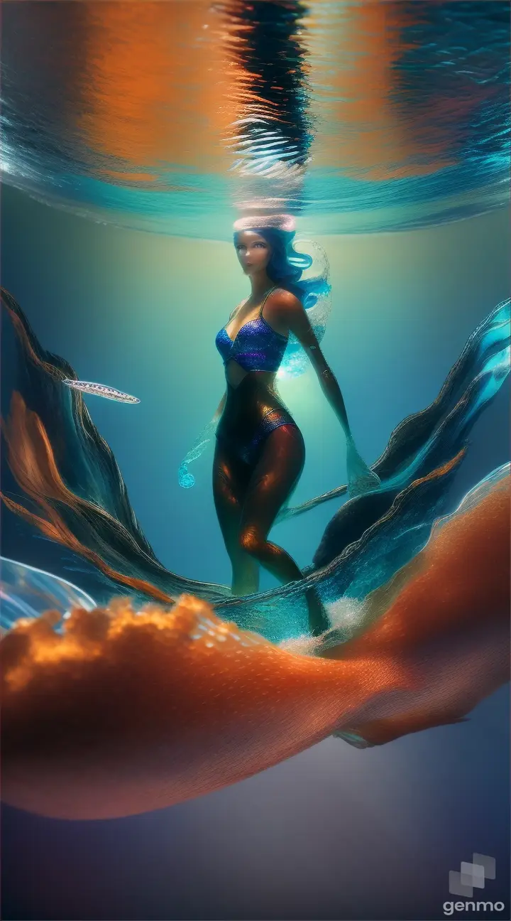 a female made from small pieces of transparent glass; body filled with ocean deep environment. Water splashing in the body, waves and fish swimming. Walking through outer space. Fantasy atmosphere and climate, high details, concept art 4K.