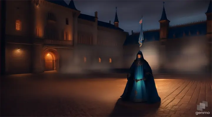 A glowing ghostly medieval soldiers blue spirit with blue coat  plays  3 red/white colored flags on a medieval plaza night time, large view angle