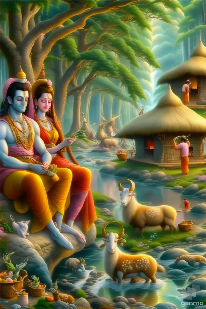 Ram and wife silhouetted on a pastel hillside, the soft reflections of a watercolor sunset filling the river below