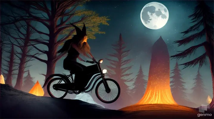 Baba Yaga on a rocket bike at night in the enchanted forest under a magical starry sky