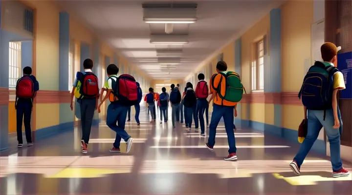 
children's public school hallway, Brazil, realistic