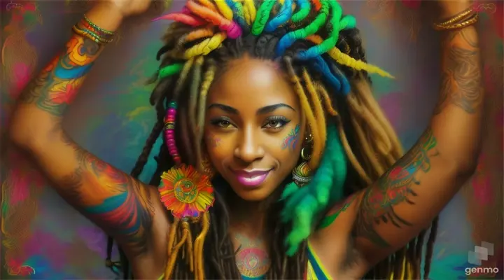 1 mulher negra rastafari sorrindo, cabelo dreadlocks Desenho tatuagem realismo nas cores do reggae