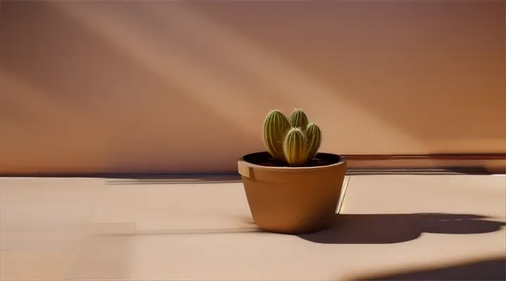 Minimal indoor cactus on earth-tone terrazzo floor, sunlight creating shadows on adobe wall