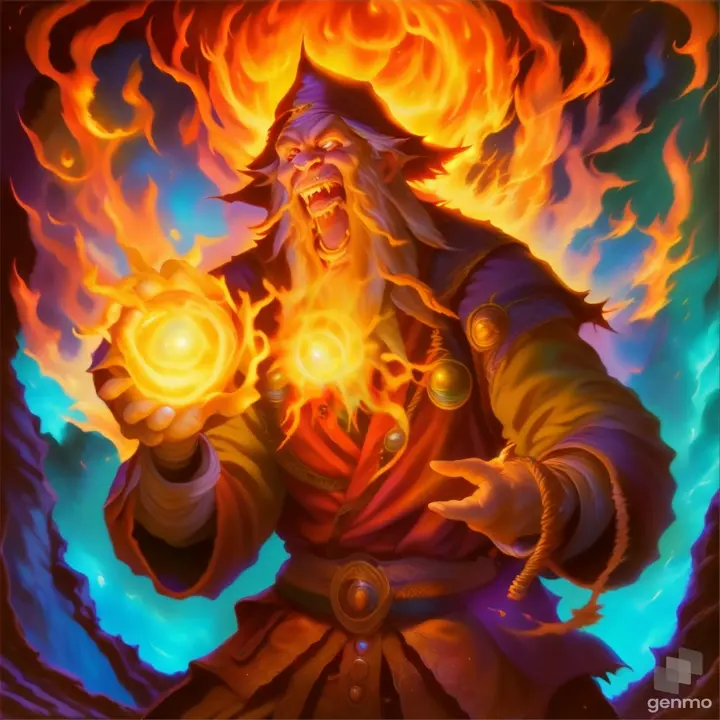 A crazy wizard laughing madly holds sparkling ball of fire