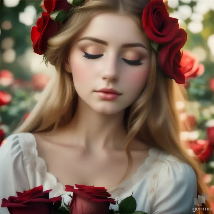 A beautiful European girl closes her eyes and covers her eyelids. then she opens her eyes wide. Red rose in the hair on the head. The girl blinks.