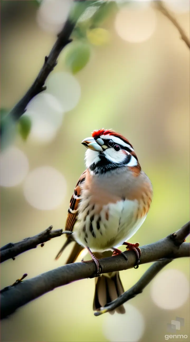 A SPARROW IS SITTING ON THE BRANCH OF A TREE WITH HER KIDS