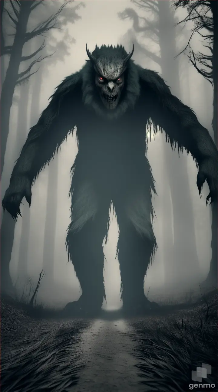 A scary monster walks through the forest and looks around, he takes a lot of small steps and looks around, cinematically
