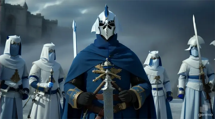 the  medieval soldier in  blue coat and a half face mask "phantom of the opera"  went dressed with banner e armoir from ghostly powerful creatures in white, middle wide angle
