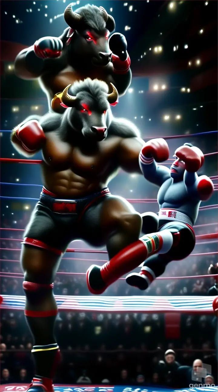 a bull is in the middle of a boxing match
