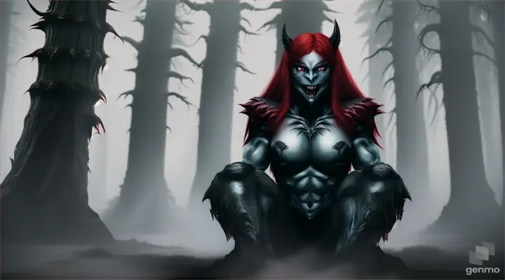 The deformed , muscular body of evil creature monster, , sharpen rough skin,  of a girl , all her body covered with rough toad slimy skin, a monstrous face with red hair, lot of sharp fangs in her open mouth,  and bright blue round eyes, with a bloody mouth, long sharpen claws,  blood dripping from her tongue, she sits in a thick fog in a terrible forest,medieval scary castle on background.Full body view. Darkness, liw light, shadows, dark fantasy, creepy monster girl.
