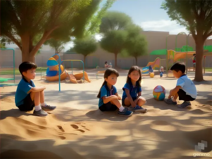 children sitting on the sand in a public school playground, realistic