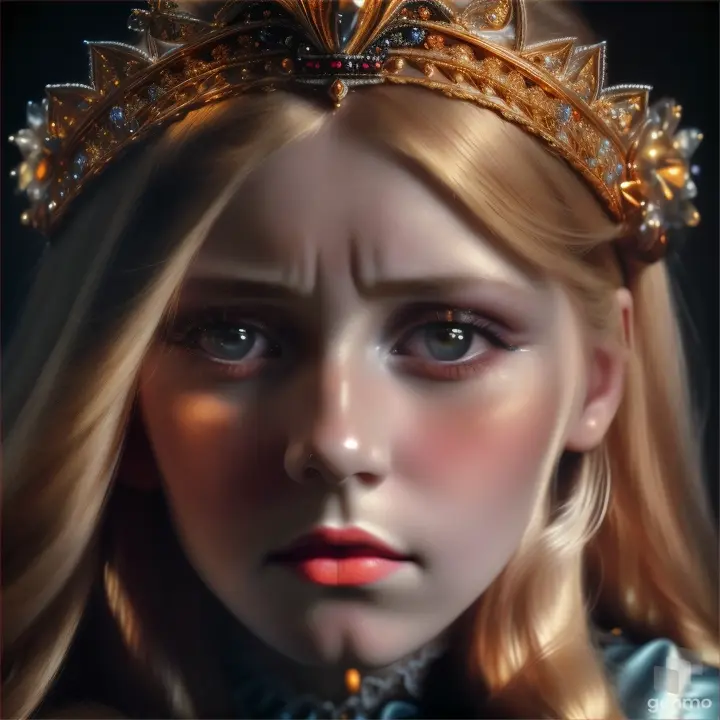 A beautiful Dutch girl closes her eyes and squeezes her eyelids tightly. Then she opens her eyes wide. There is a small tiara on the head. The girl blinks.