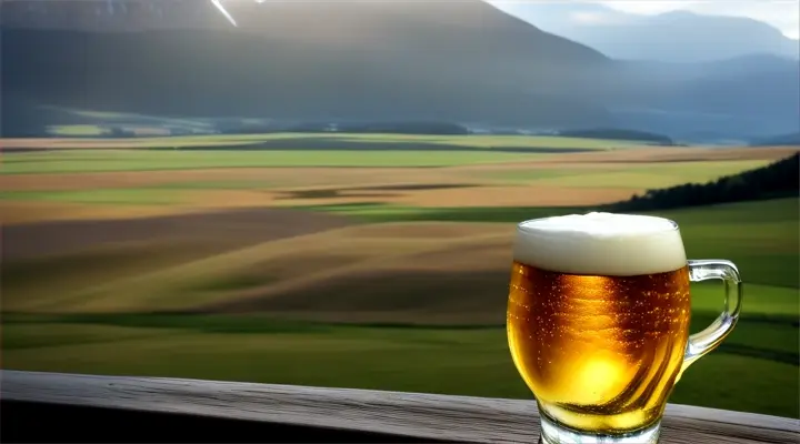 ein frischgezapftes Bier in einer traumhaft schönen Landschaft im Biergarten, im Hintergrund sind Gebirge, die an das Elbenland erinnern; High-Definition, Format 16:9