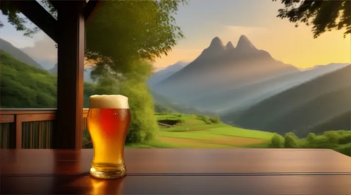 ein frischgezapftes Bier in einer traumhaft schönen Landschaft im Biergarten, im Hintergrund sind Gebirge, die an das Elbenland erinnern; High-Definition, Format 16:9