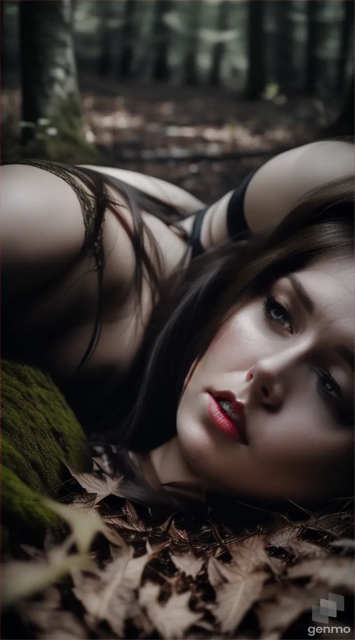 Realistic human skin details a hurt beautiful face detailed woman realistic straight brown hair, with a cut on neck blood, the night ,with fear shocked face mouth expression, she laying crawling on the ground in the grass realistic forest darkening