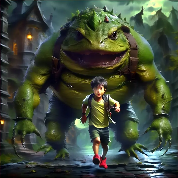 a young boy is running towards a large TOAD