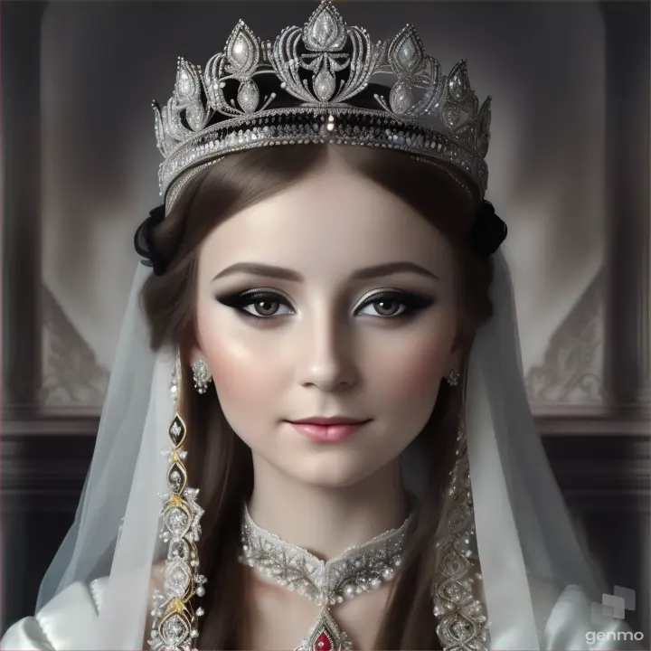 A beautiful польская girl closes her eyes and squeezes her eyelids tightly. Then she opens her eyes wide. There is a small tiara on the head. The girl blinks.