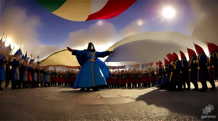 a medieval soldier with a blue cloak and a phantom of the opera mask celebrating with other soldiers, dancing and joking in a square of a medieval village under a huge flag up in the skie red and white taken by huge aerostatics balloons, a bright dawn on the left of the angle, confetti and streamers in the air,  fisheye floor wide angle 